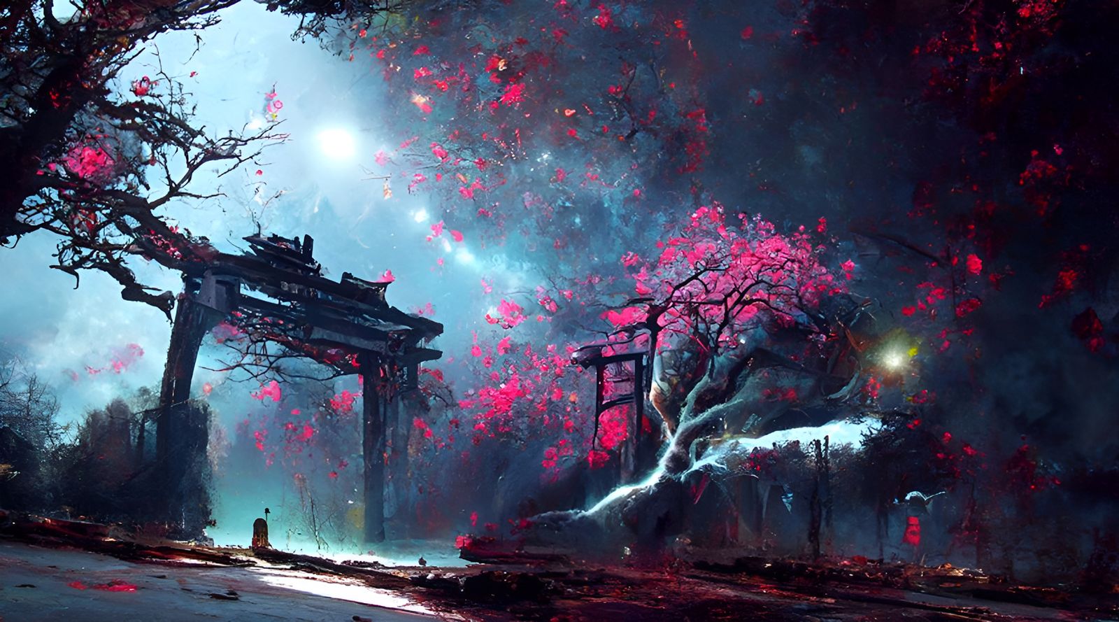 Night Sakura Tree with Torii Gate in Noir Style