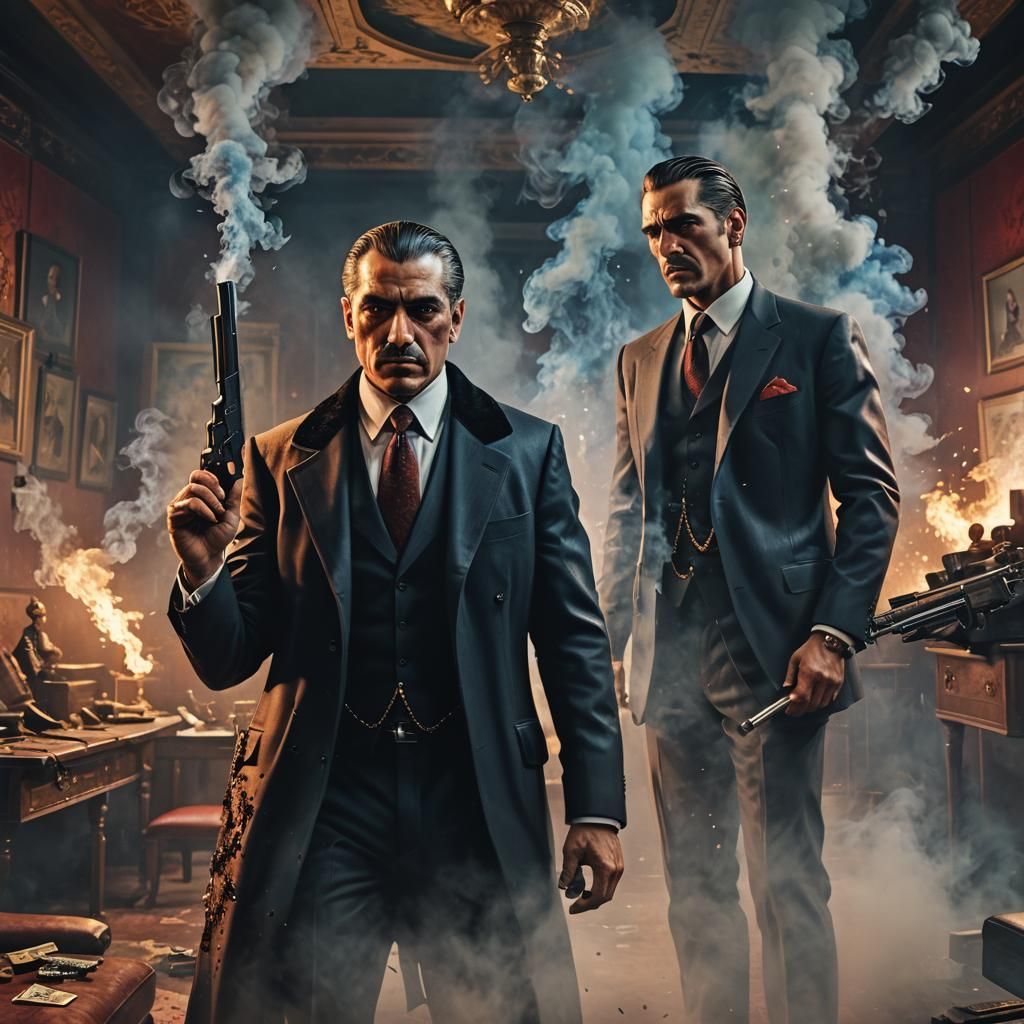 Hyperrealistic Mafia Lord and Queen in Smoky Room