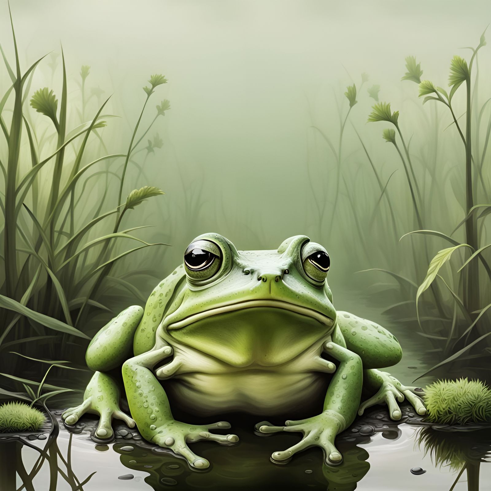 Monochromatic Green Frog Portrait in Bog