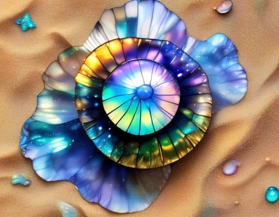 Iridescent Seashell on Sandy Beach in Stained Glass Style