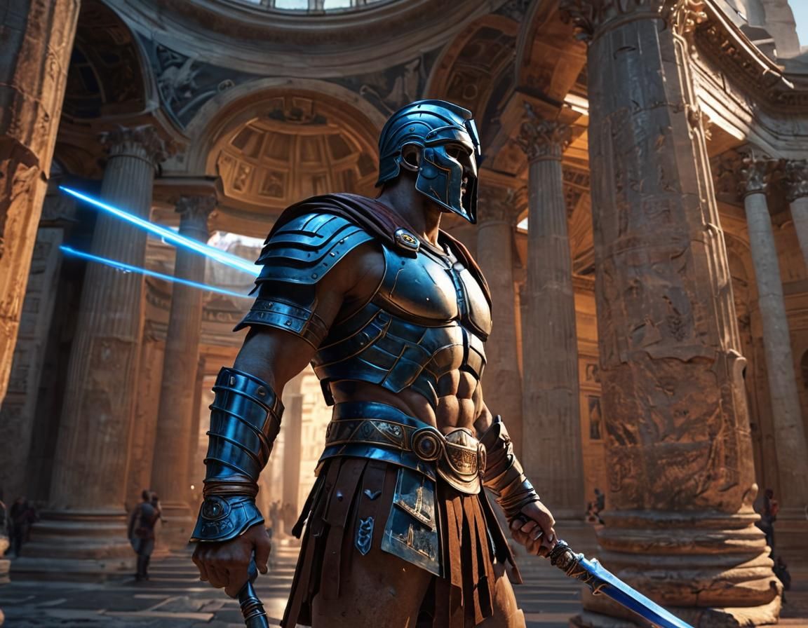 Futuristic Roman Gladiator at Pantheon with Laser Sword