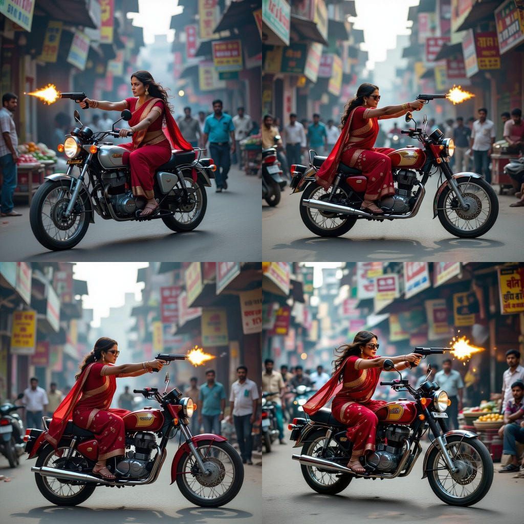 Indian Woman on Motorcycle: Bollywood Action Scene