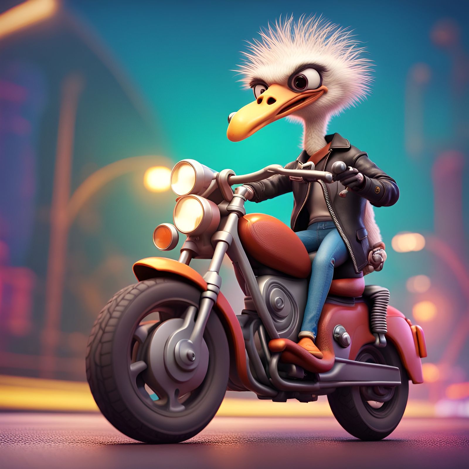 Anthropomorphic Ostrich on Motorbike in 3D Style
