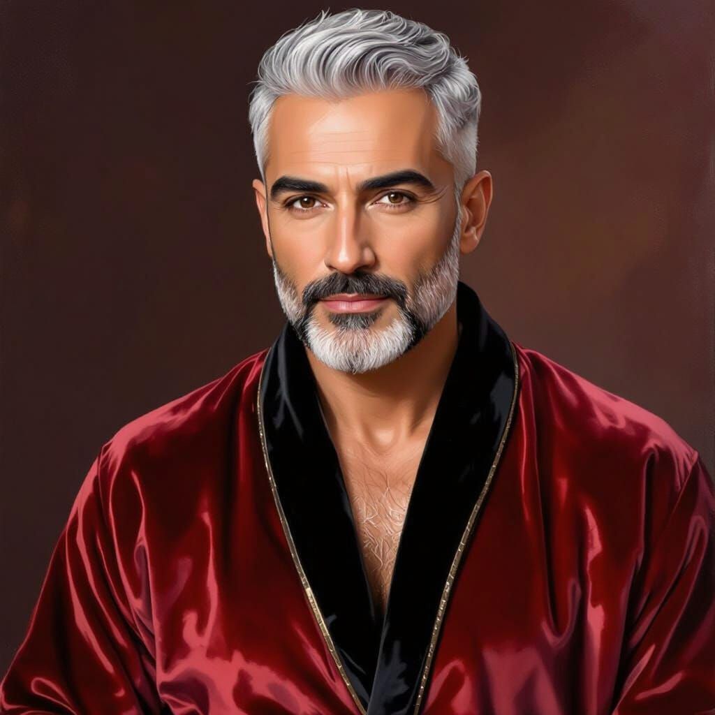 Handsome Silver-Haired Man in Red Velvet Robe