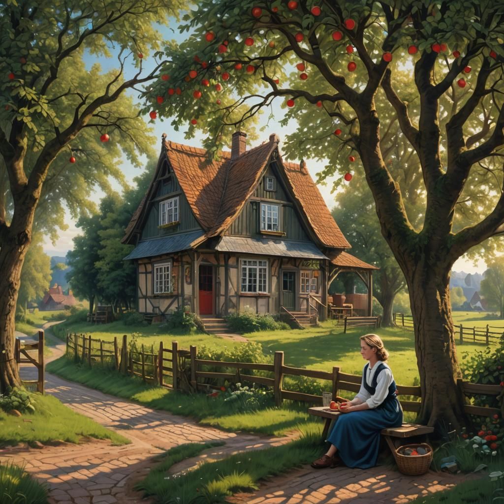 Woman in Field: Matte Painting of Rural Life