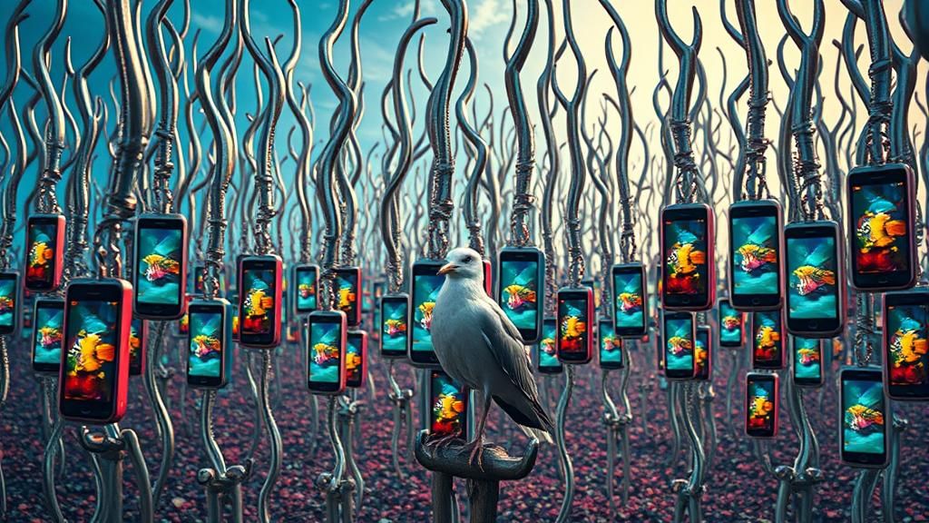 Surreal Fishhook Forest with Seagull, Dreamlike Landscape
