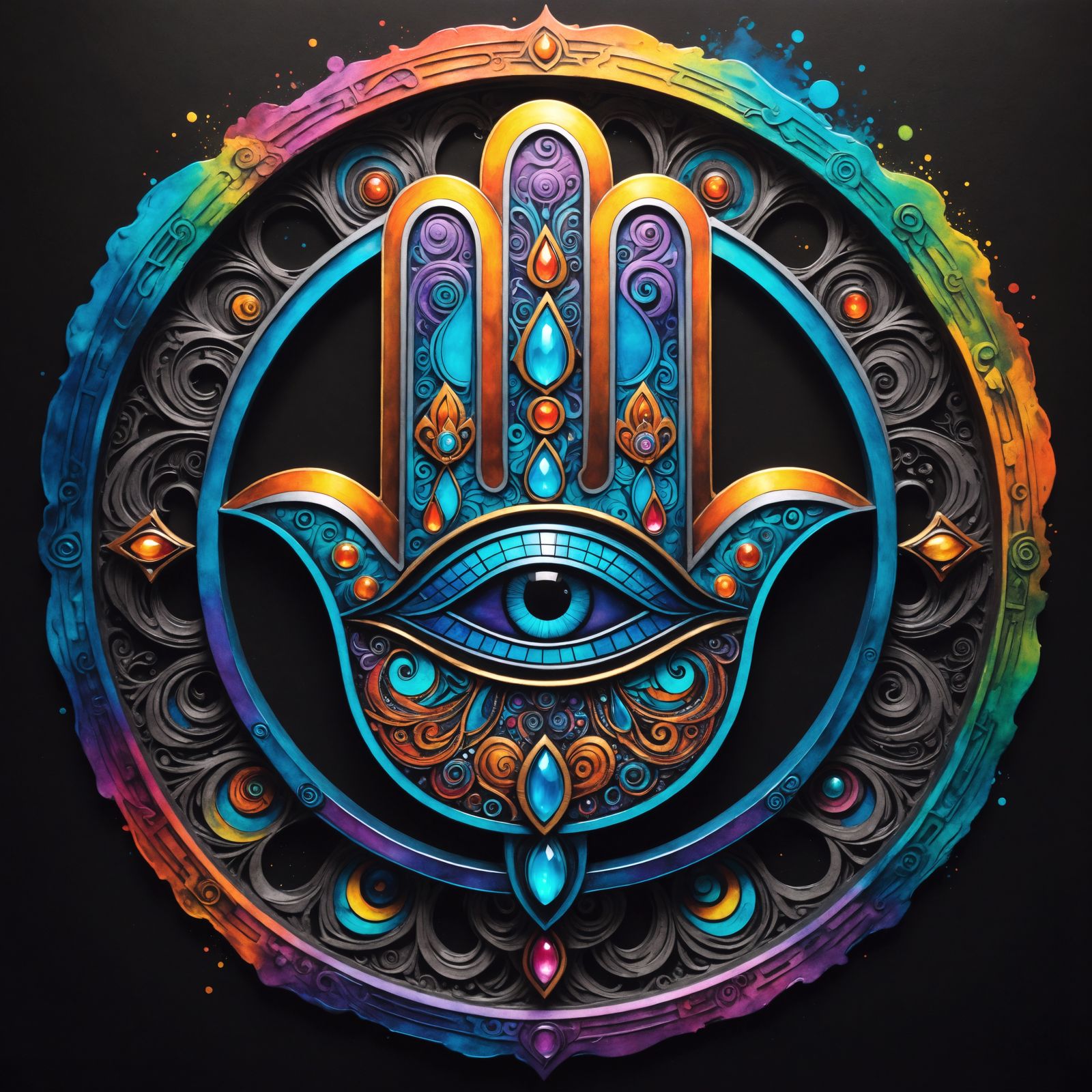 Psychedelic Hamsa Mandala with Metallic Zentangle Swirls