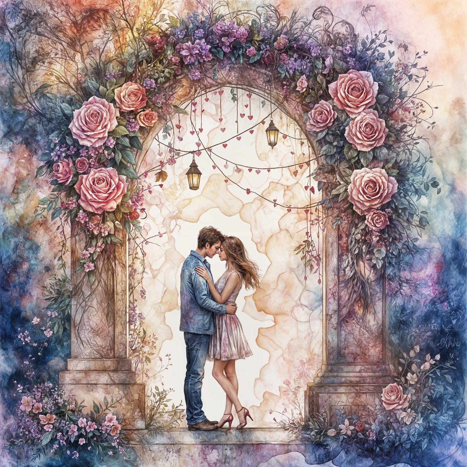 Whimsical Valentine's Day Scene in Watercolor Style