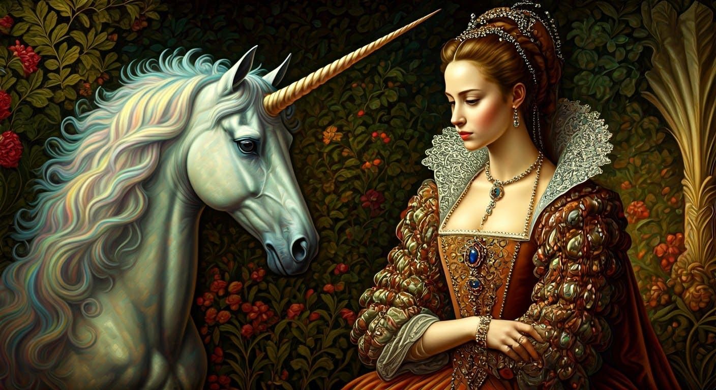 Renaissance Lady and Unicorn in Psychedelic Art Nouveau