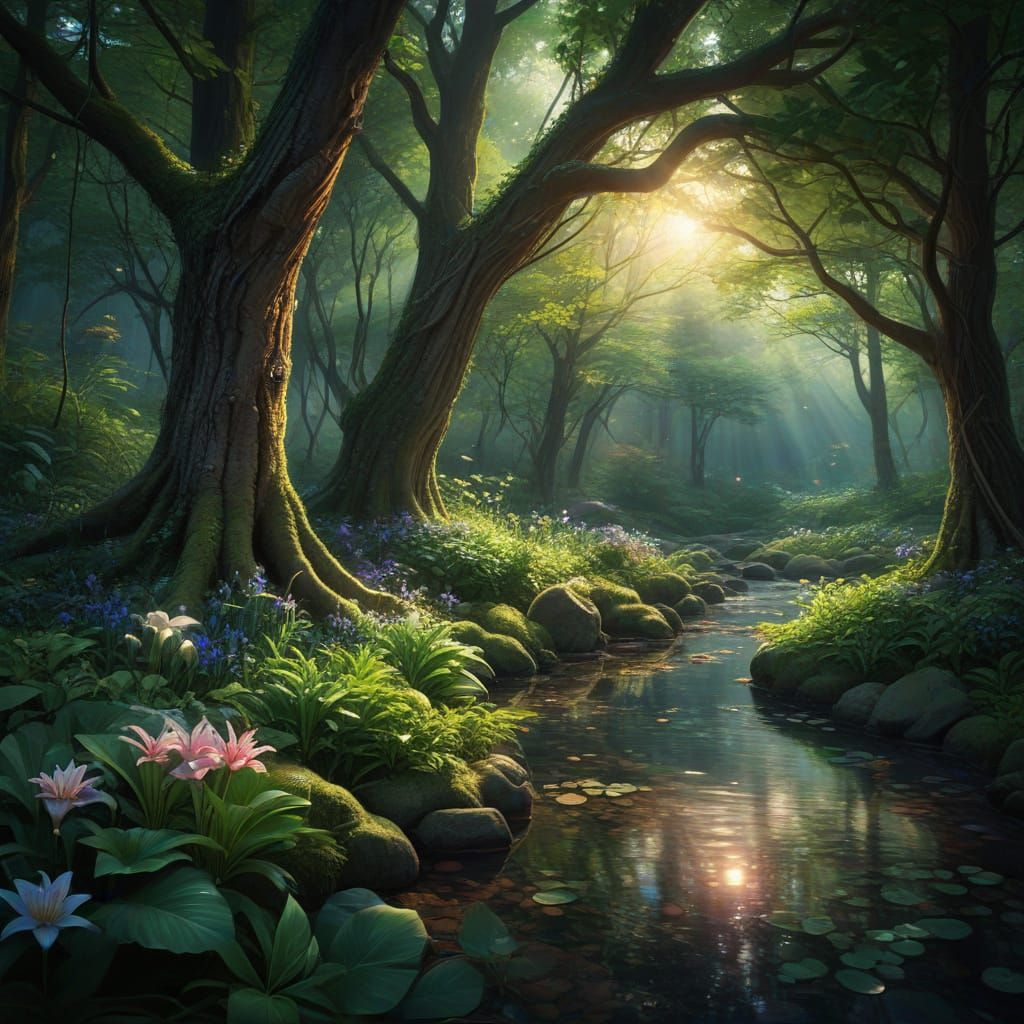 Vibrant Lily Glows in Enchanted Forest Brook