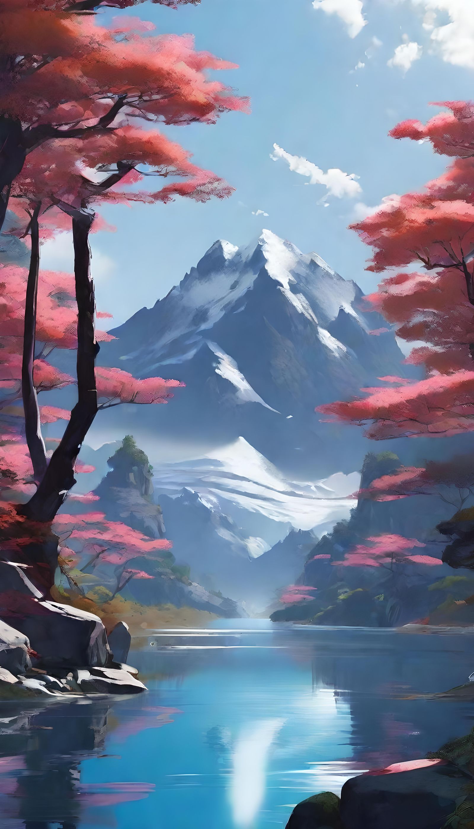 Japanese Mountain Lake in Anime Style