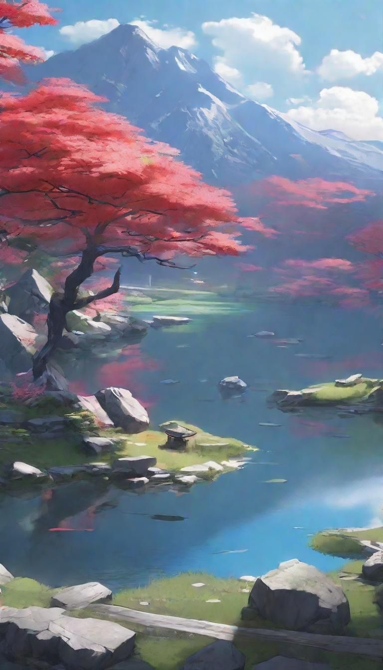 Japanese Mountain Lake in 3D Anime Style