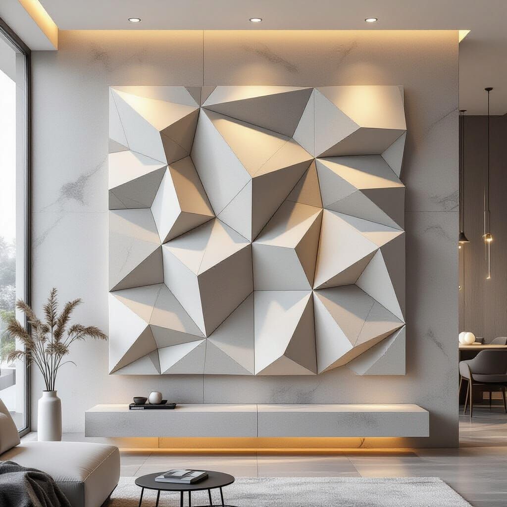 Modern 3D Concrete Wall Art in Luxury Living Room