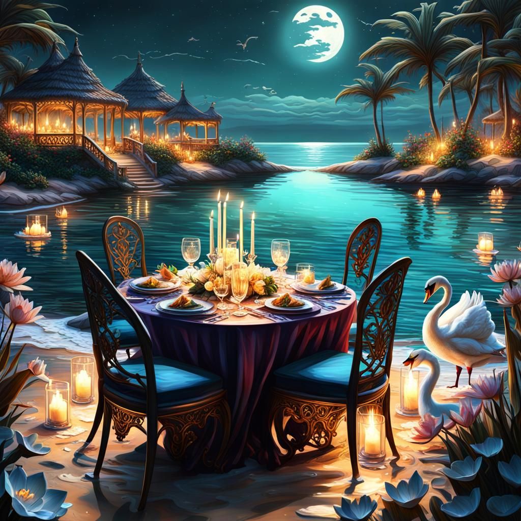 Romantic Beach Dinner with Swans, Fantasy Art
