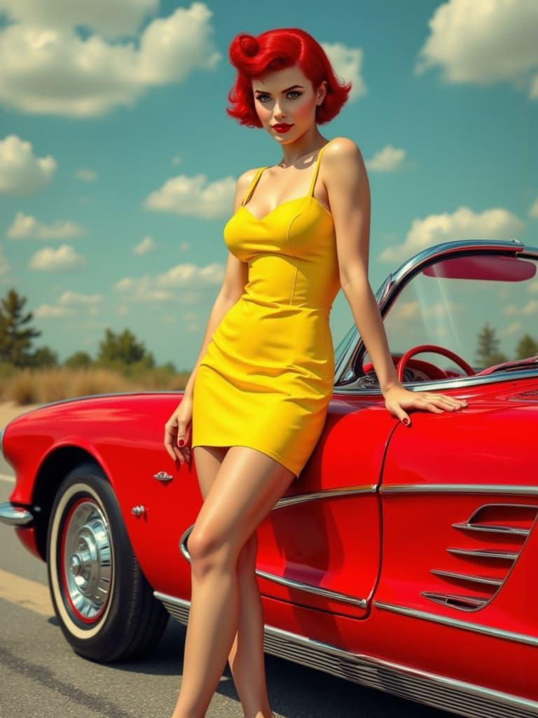 1960s Pin-Up Model with Corvette, Realistic Style