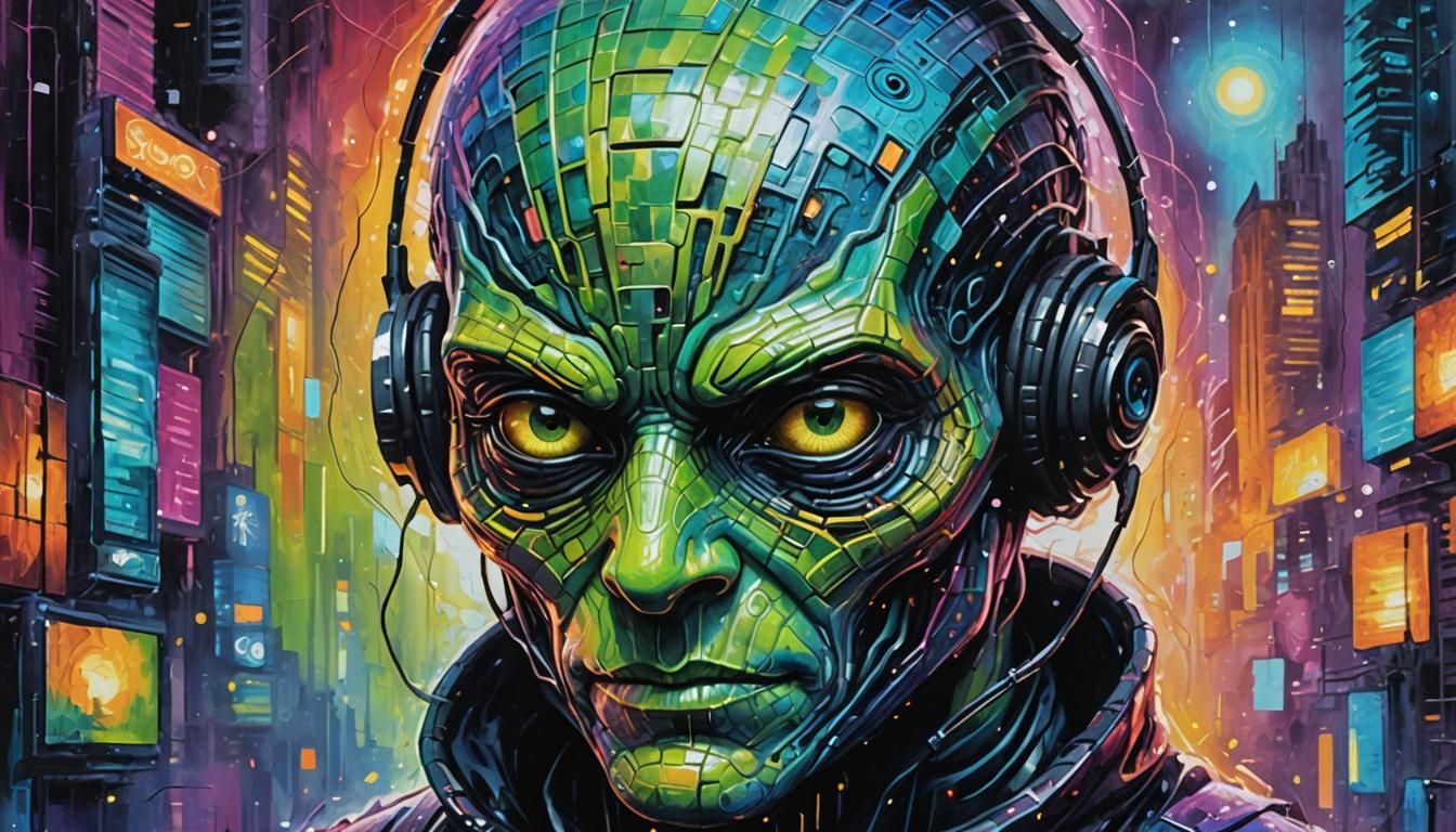 Alien Hacker Portrait in Neo-Impressionist Style