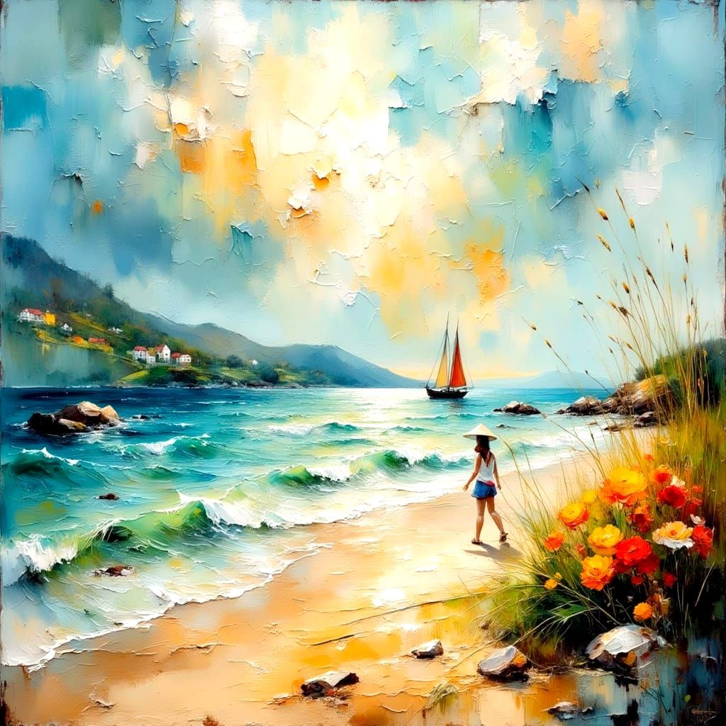 Vibrant Ocean Boat in Impasto Grunge Style