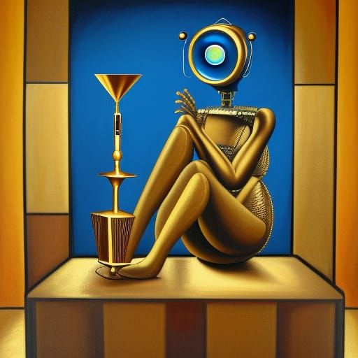 Woman on Golden Box in Pop Surrealism Style
