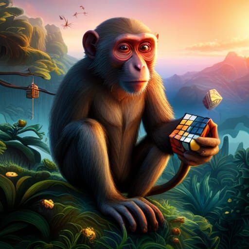 Monkey Solves Rubik's Cube: Detailed Matte Painting