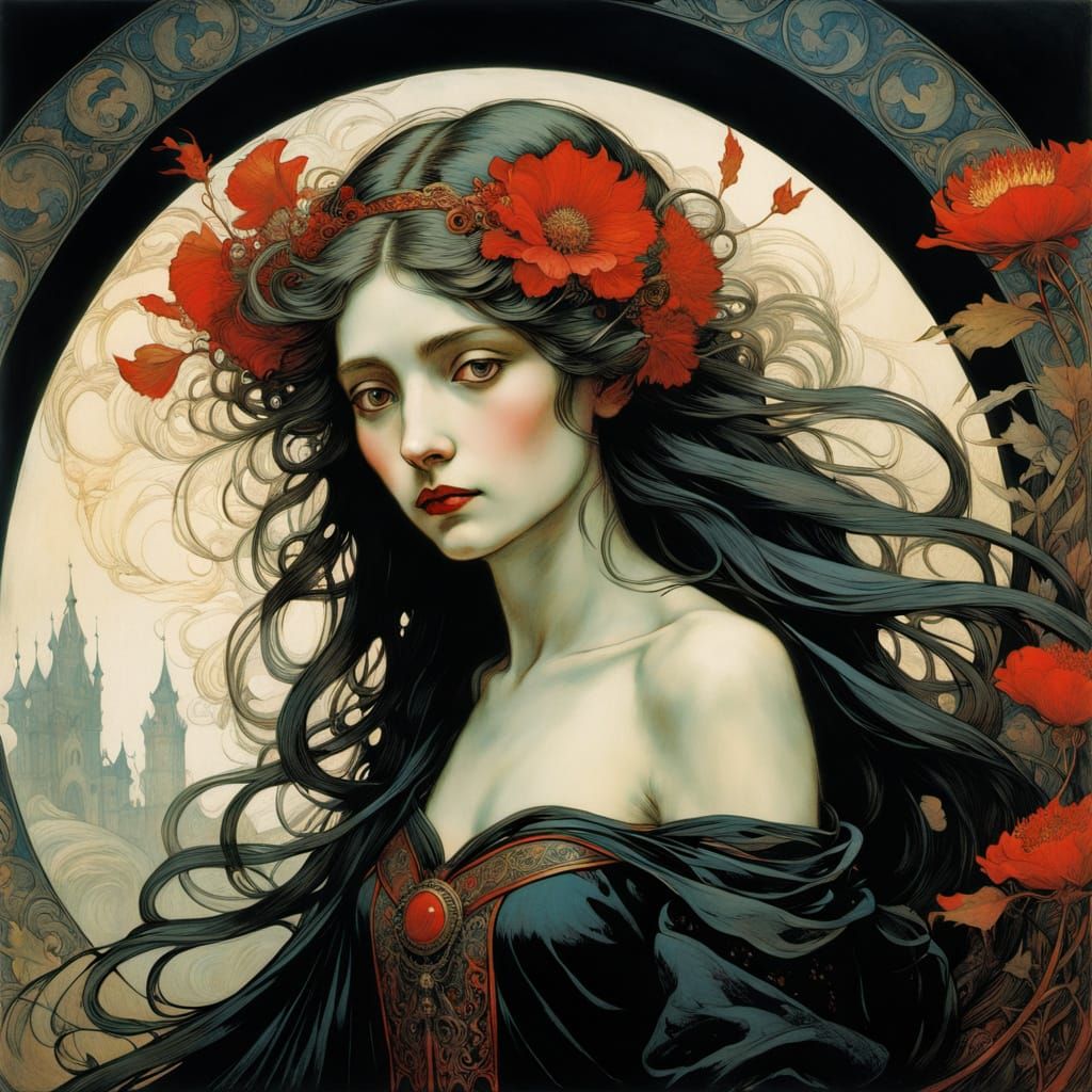 Stunning Pre-Raphaelite Woman in Red Flower Costume