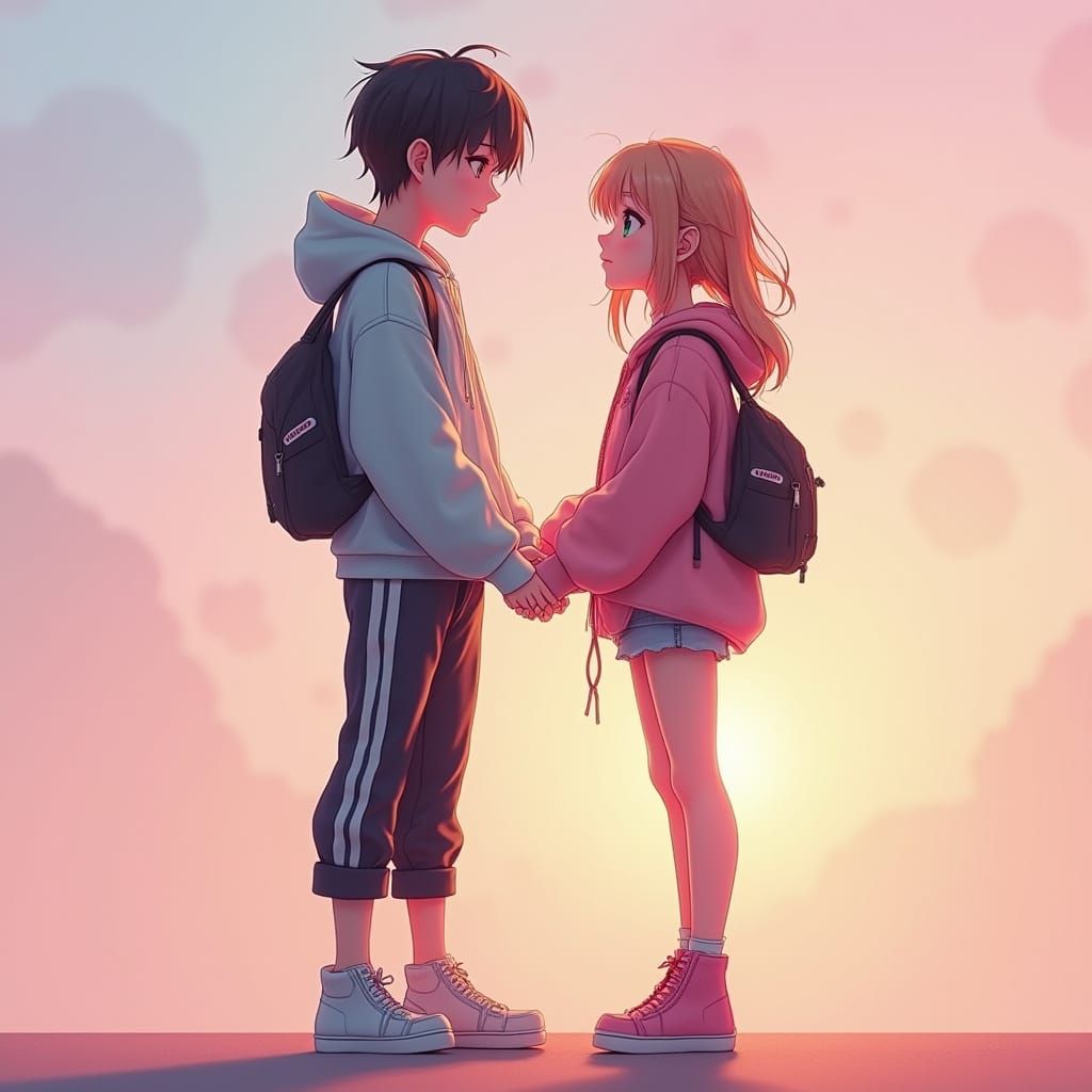 Anime Style Couple Holding Hands in Pastel Setting