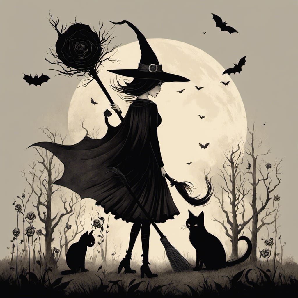 Punk Witch with Black Cat and Roses