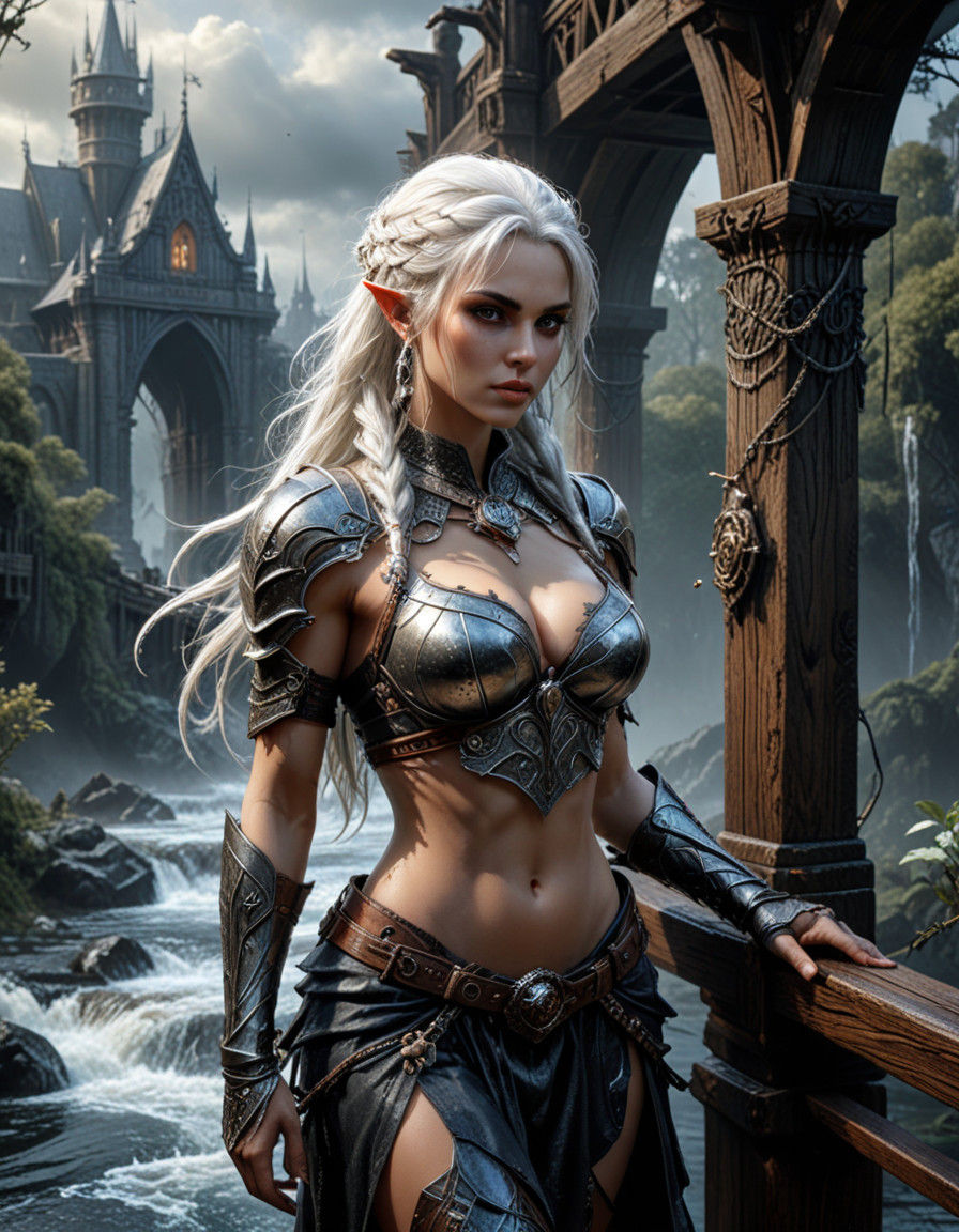 Ethereal Gothic Warrior on Medieval Bridge