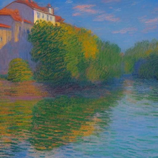 Impressionist River Town with Red Roofs in Warm Light