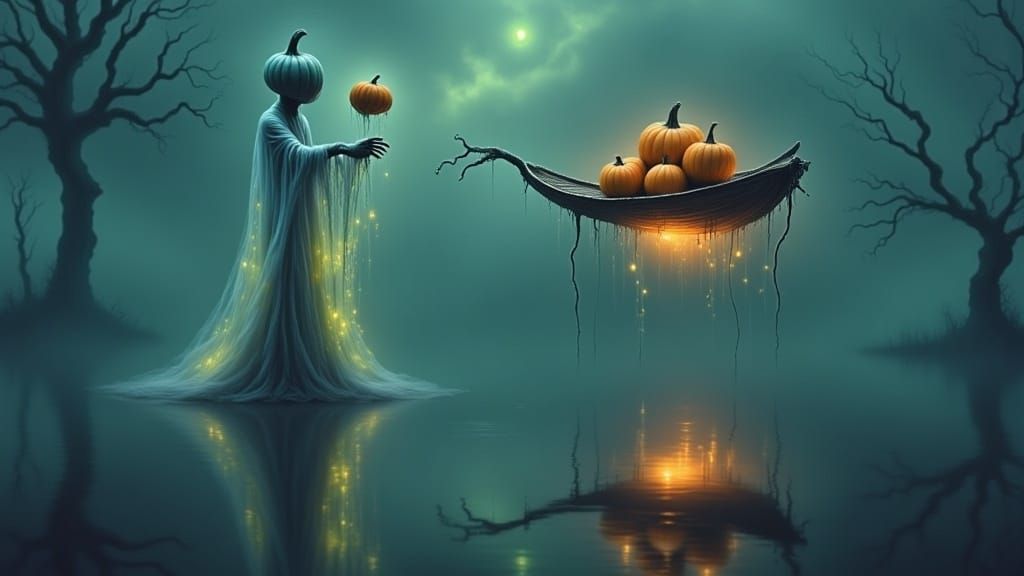 Otherworldly Being Fishing for Pumpkins in Surreal Scene