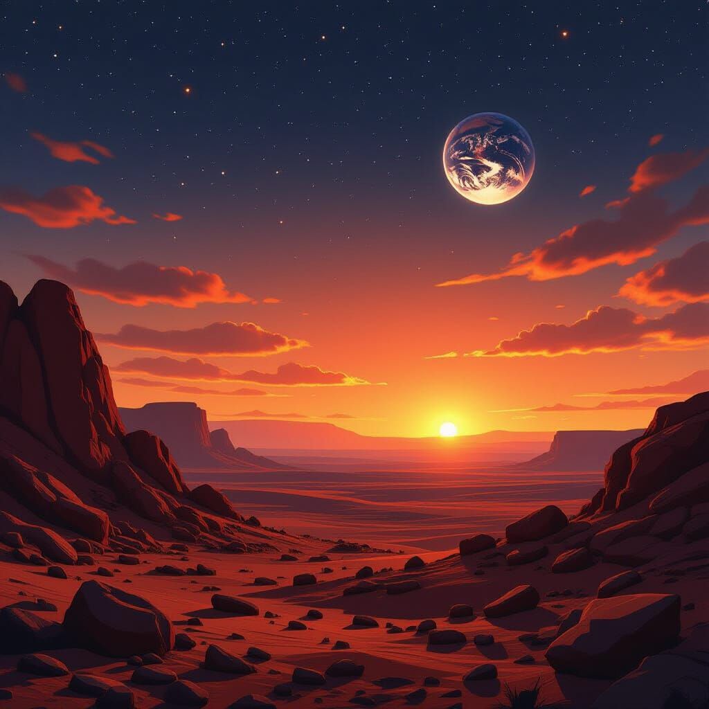 Martian Dusk: Earthrise in Photorealistic Style