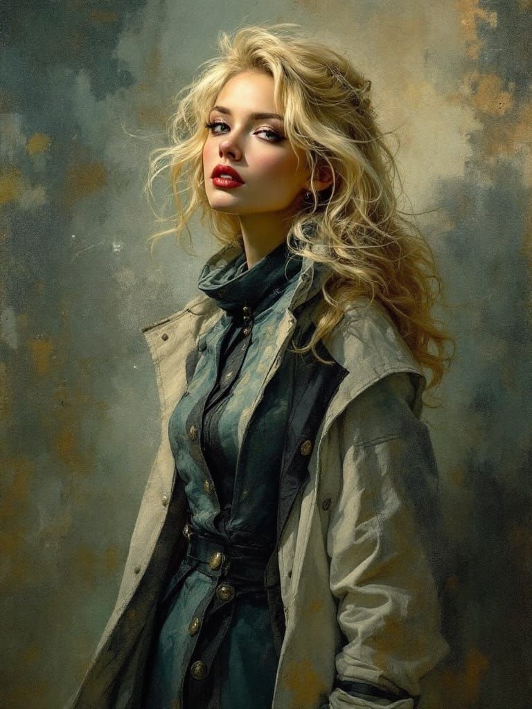 Blonde Pin-Up Woman in Mao Jacket in Atmospheric Style