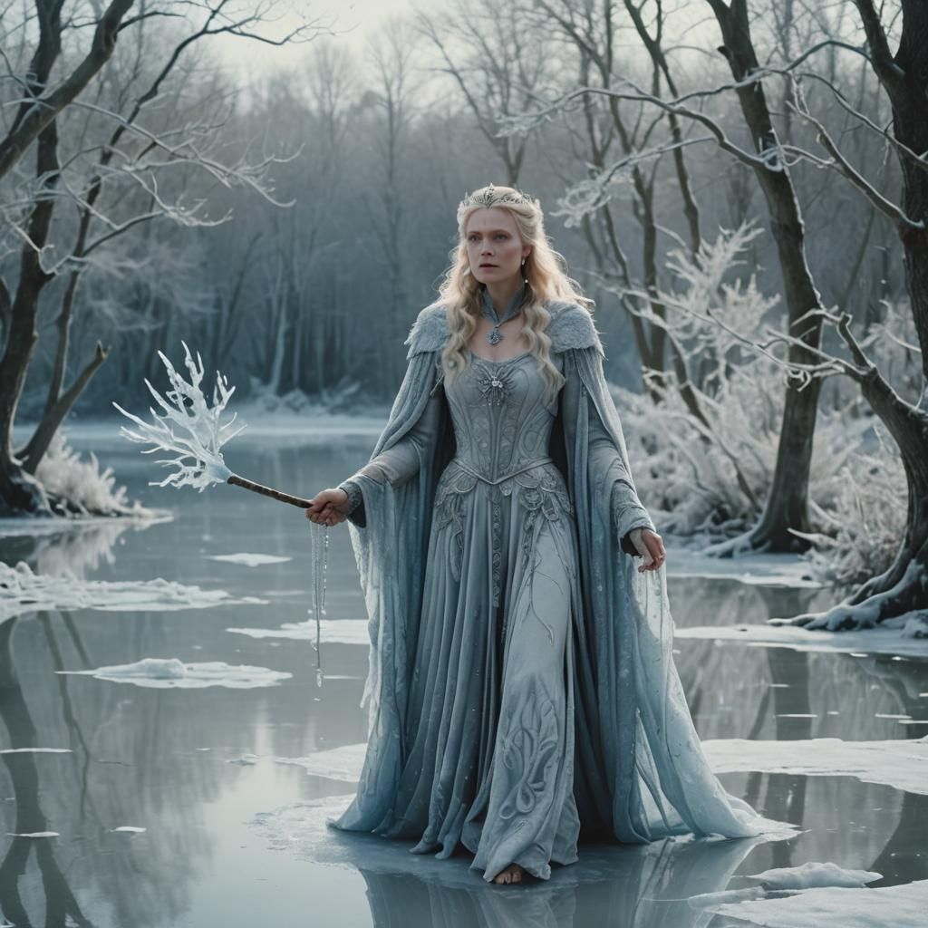 Icy Sorceress on Frozen Lake: A Fantasy Film Still