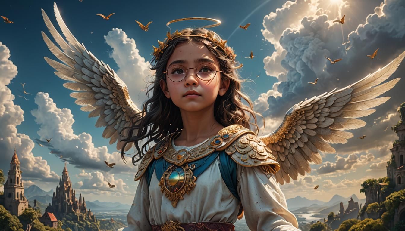 Angel Girl with Harp in Paradise: Detailed Digital Art