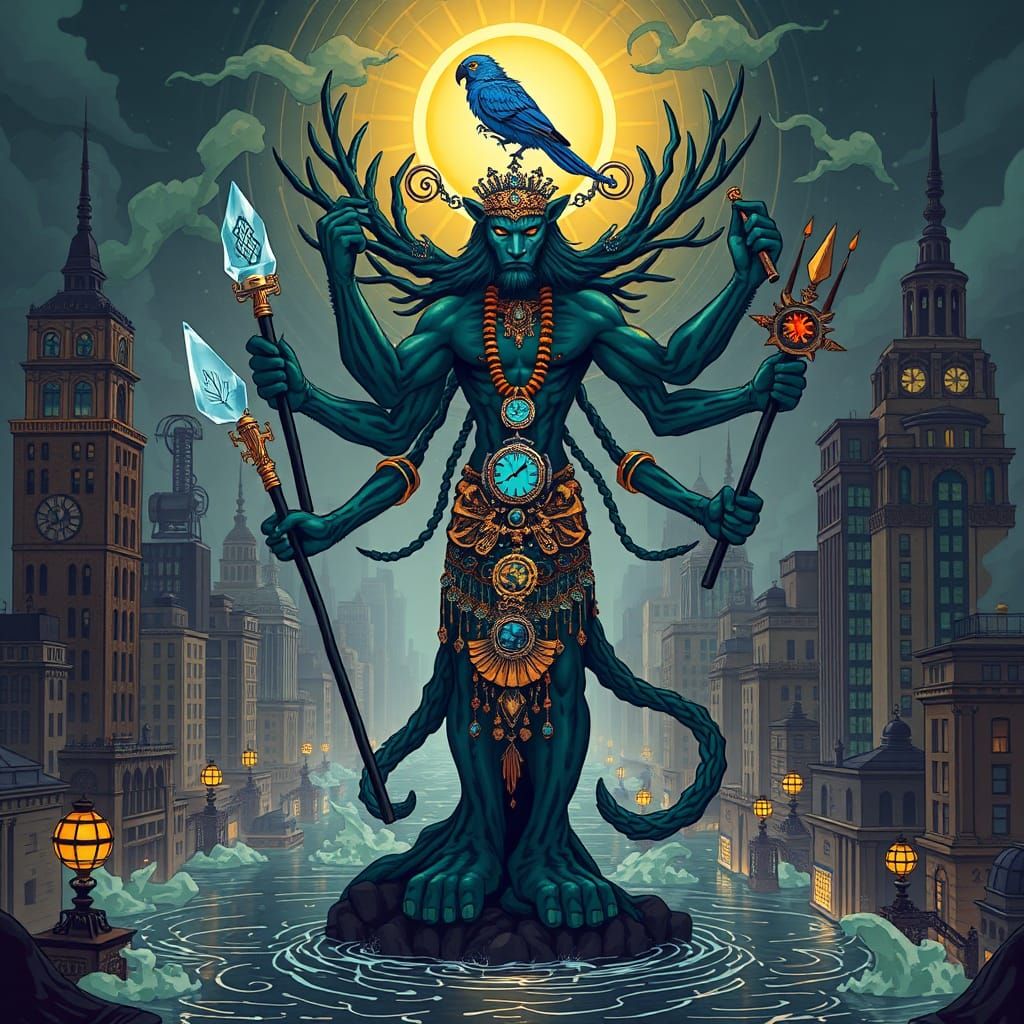 Steampunk Leopard Shaman in Futuristic Cityscape
