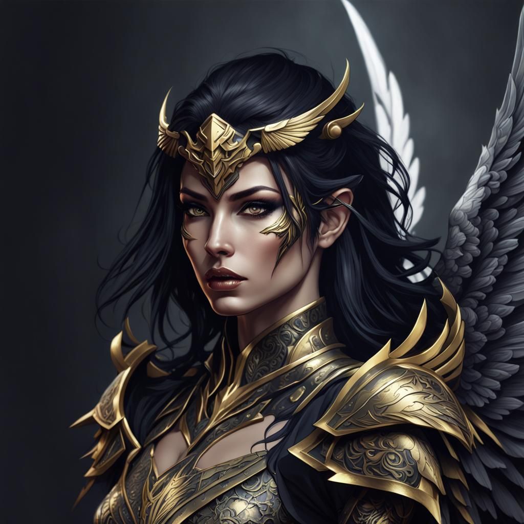Dark Angel in Gold Armor with Black Wings