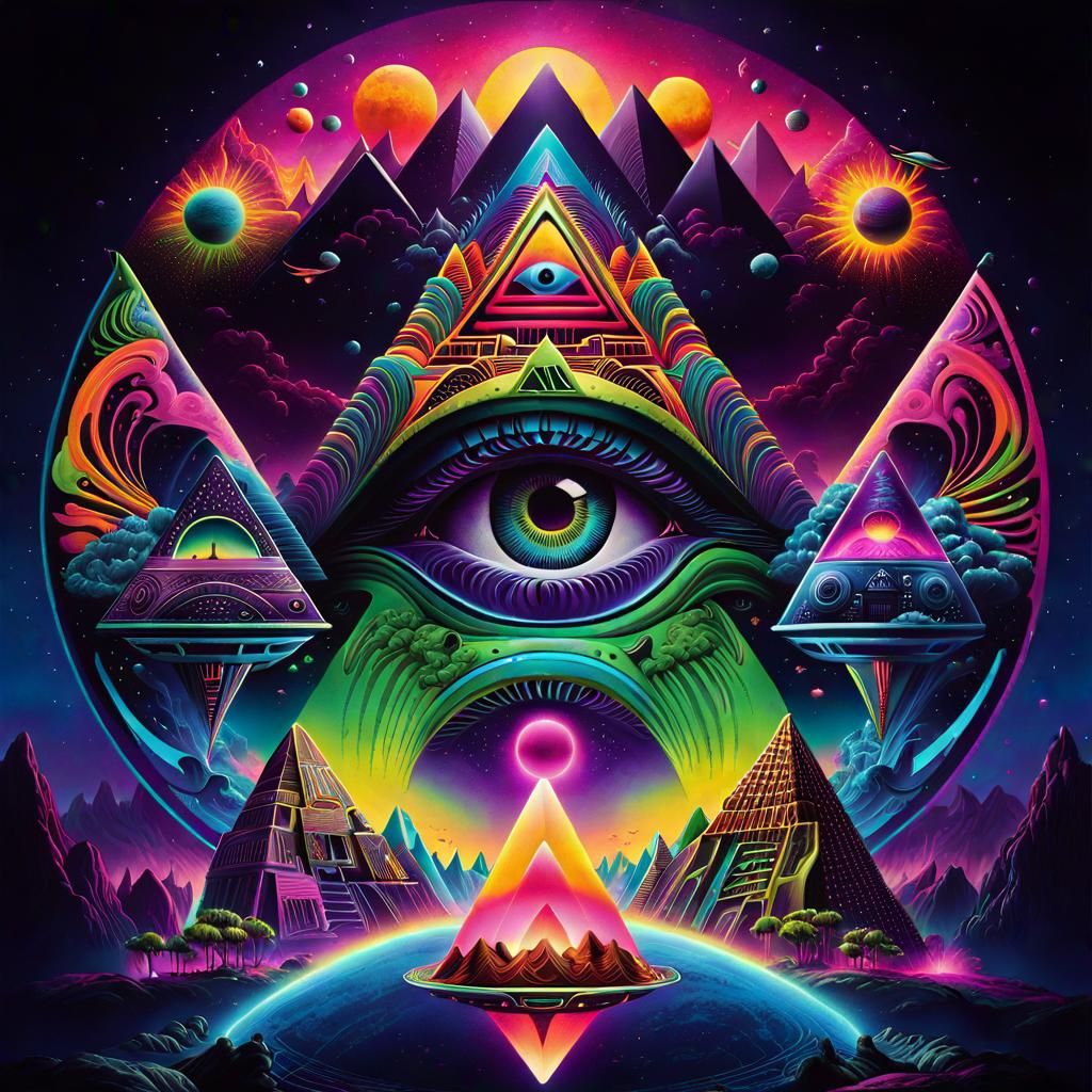 Psychedelic Alien Pyramid in 1960s Style