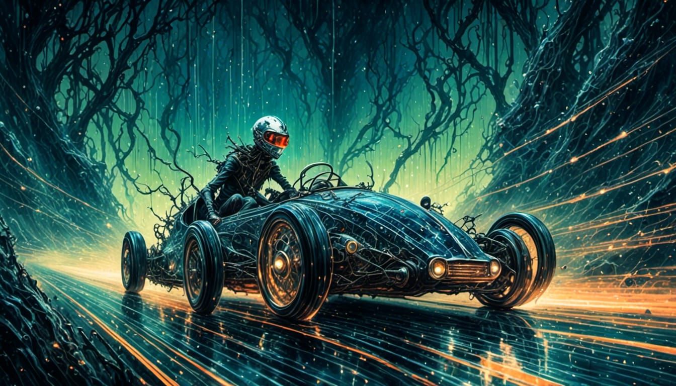 Retro-Futuristic Speed Racer Zooms Through Neon-Lit Night