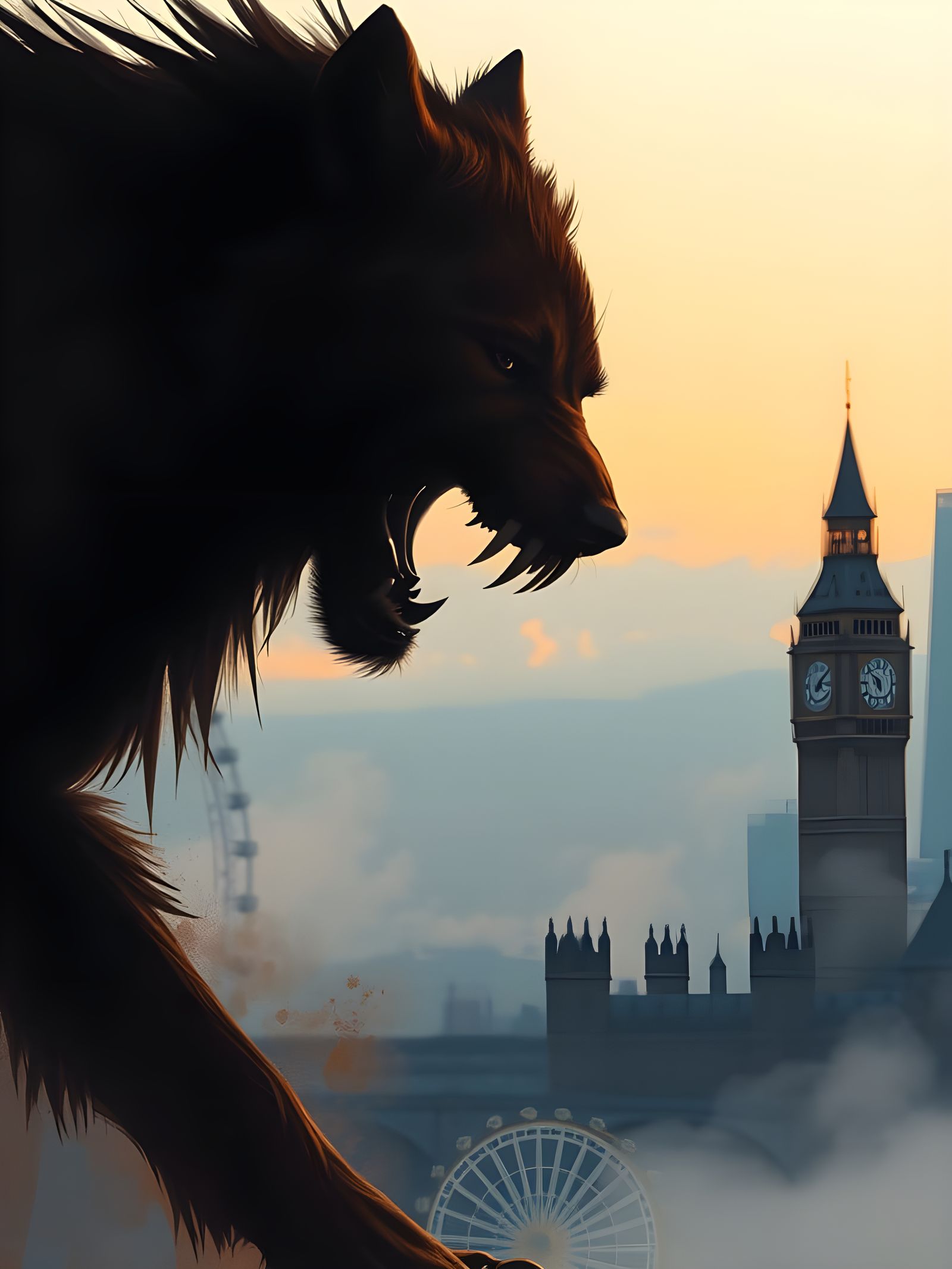 Werewolf Emerges from London Fog in Double Exposure Art