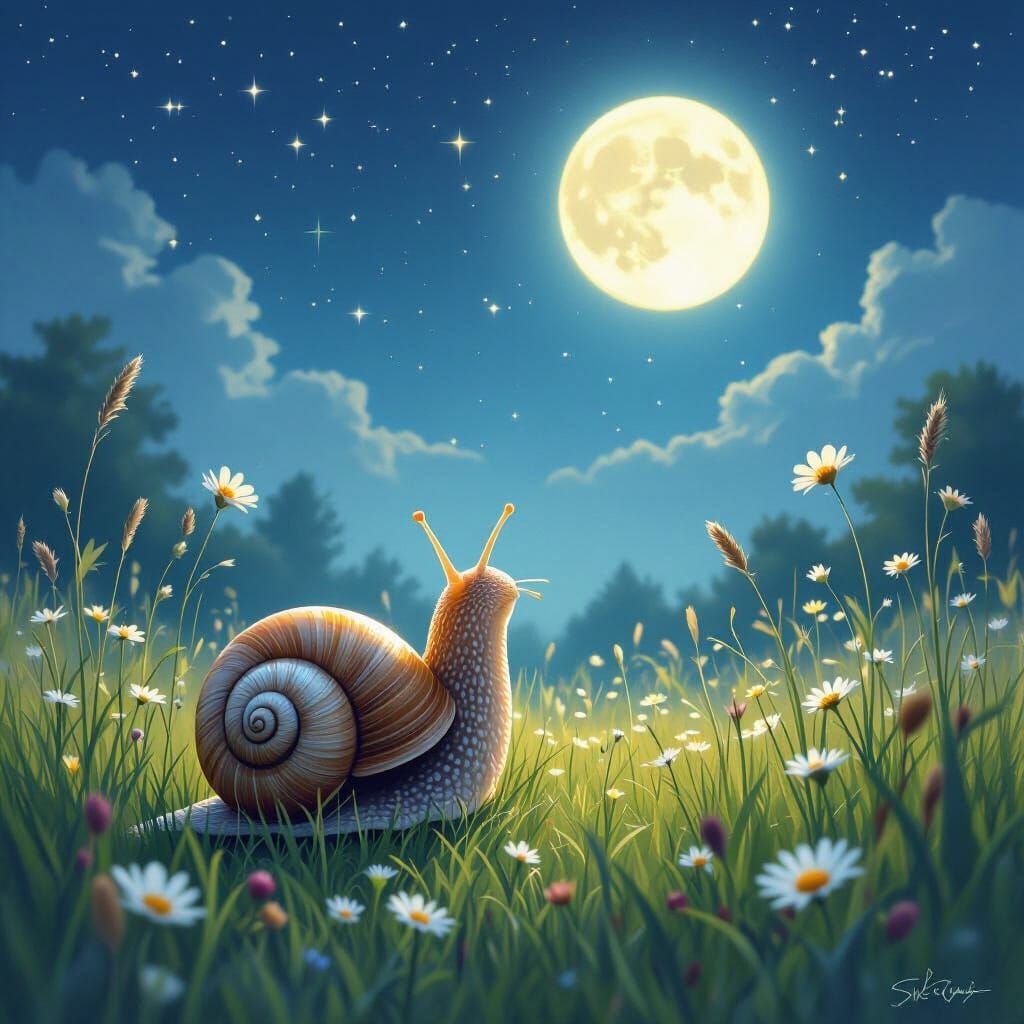 Enchanted Snail Gazing at Moon in Dreamy Meadow