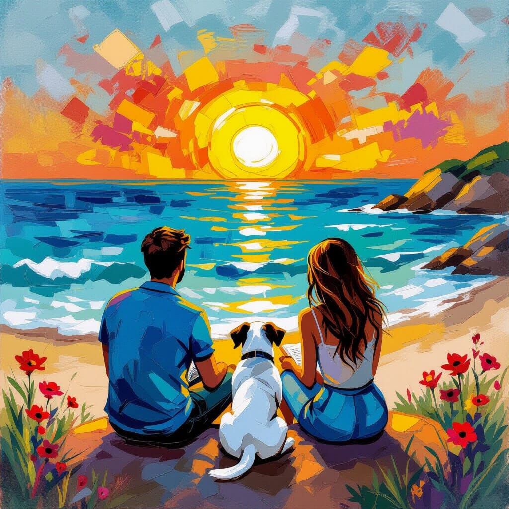 Fauvist Sunset: Lovers, Dog, and Amanita Rocks