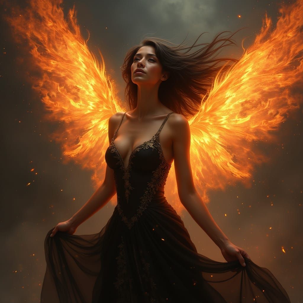 Ethereal Woman with Wings of Fire