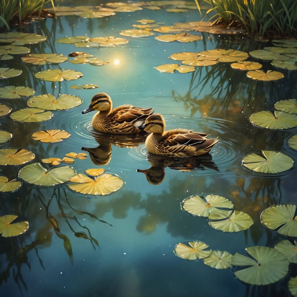 Dreamy Duckling Reflection in Watercolor Style