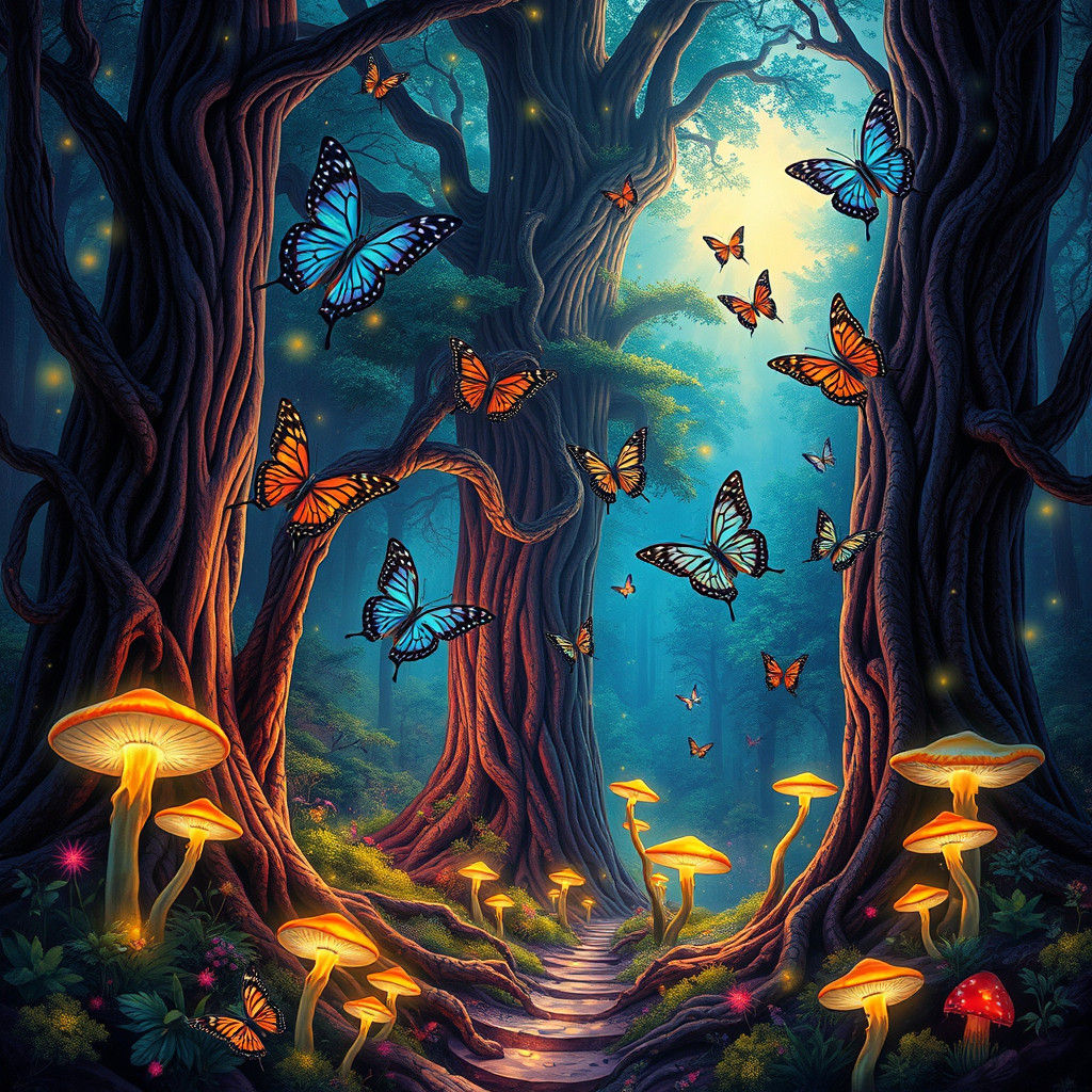 Luminescent Forest with Butterflies in Visionary Style