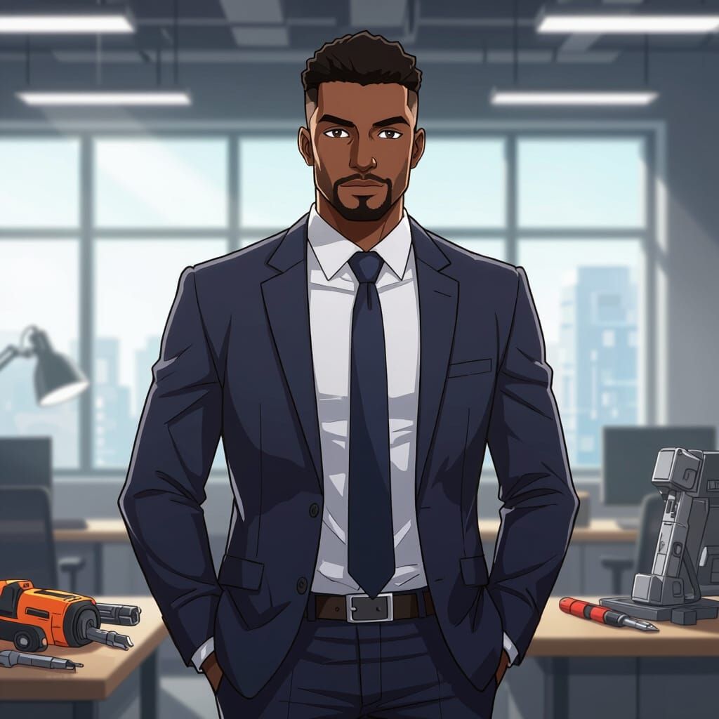 Confident Sales Rep Showcasing Hardware Tools in Manga Style