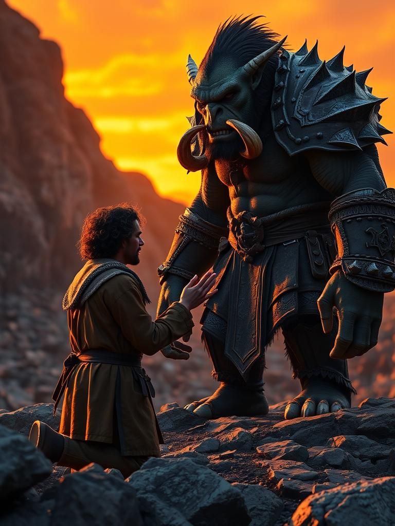 Hobbit Proposes to Orc in Dark Fantasy Landscape