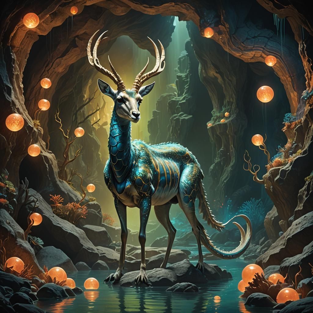 Gazelle-Serpent Hybrid in Bioluminescent Grotto