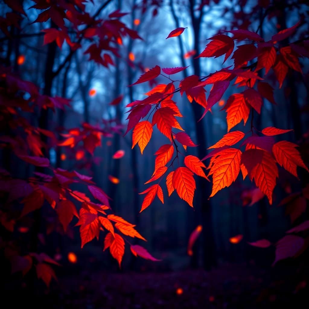 Glowing Autumn Leaves Falling at Night