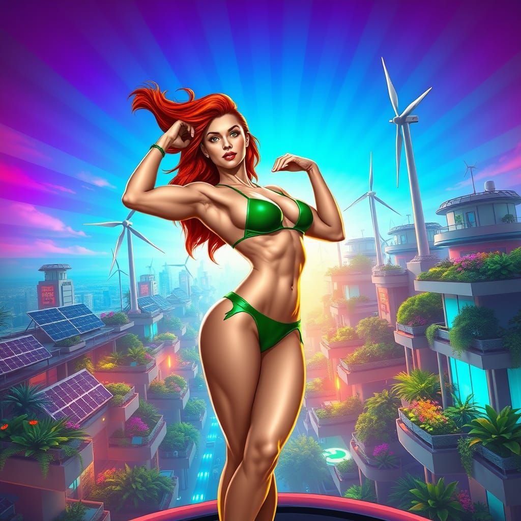 Confident Redhead Bodybuilder in Emerald Green Bikini Amidst...