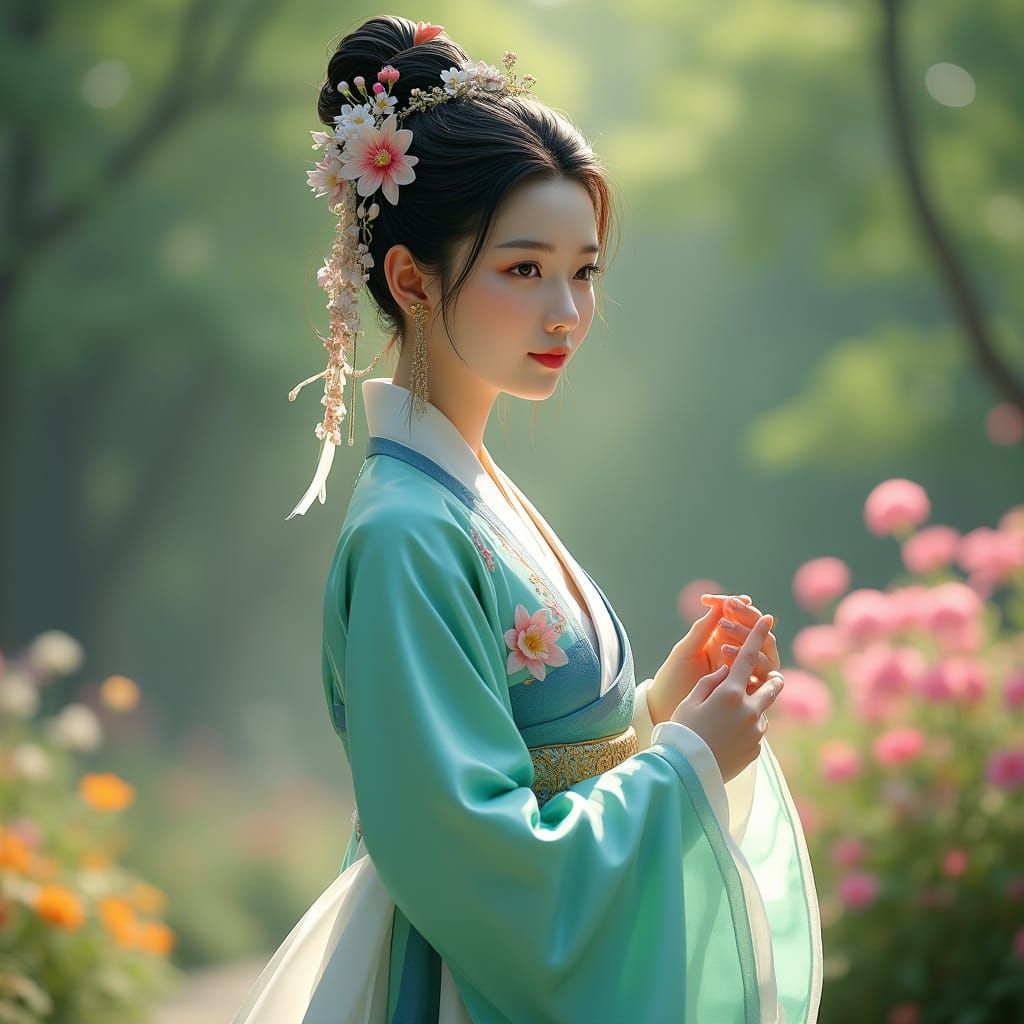 Korean Nature Goddess Walks in Joseon Hanbok through Vibrant...