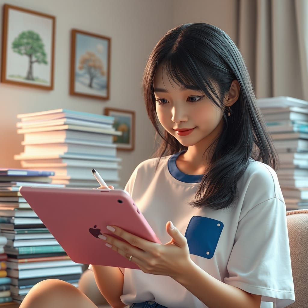 Woman Writes on Tablet in Cozy Anime-Style Room